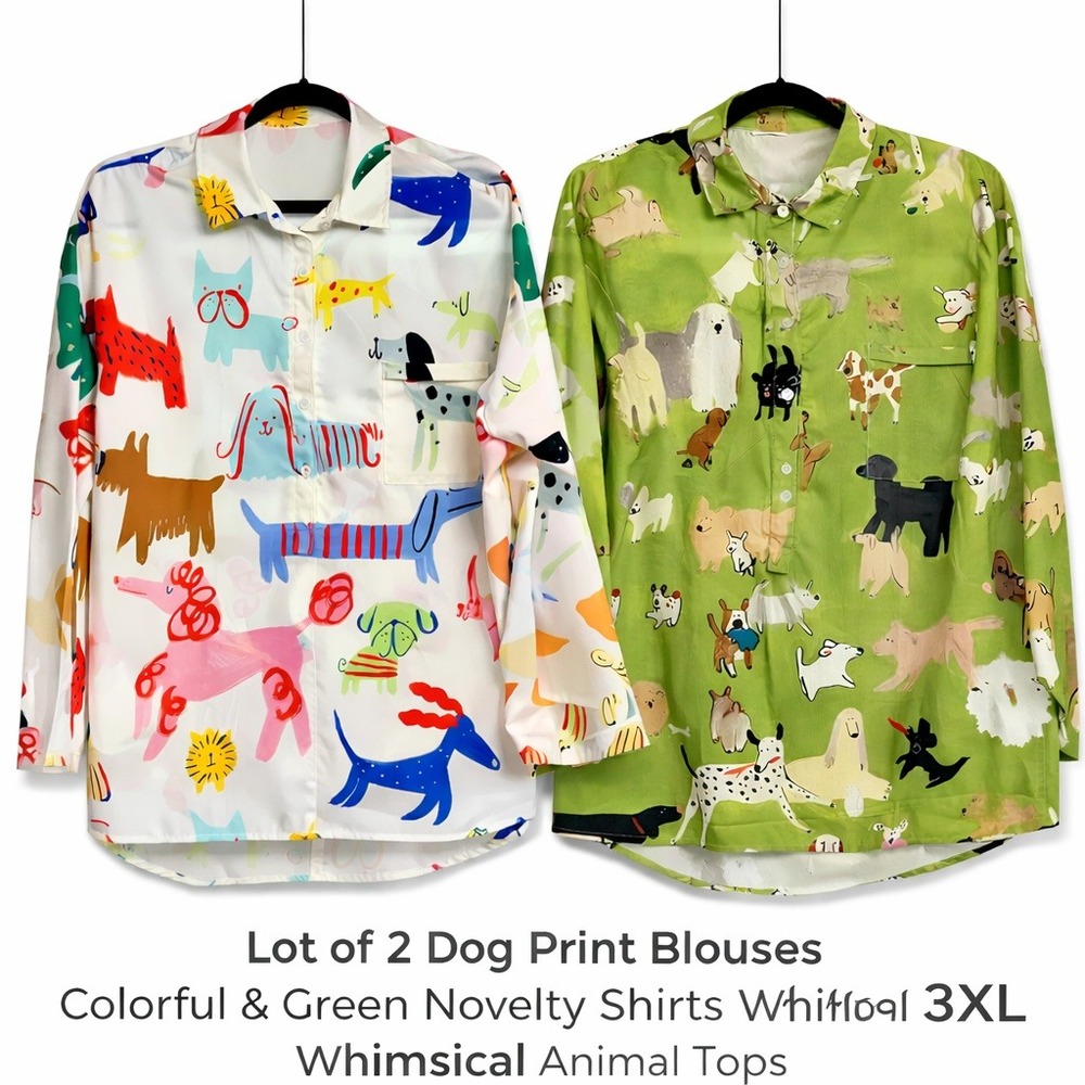 Lot of 2 Dog Print Shirt Women 3XL White Green High-Low Novelty Top Artsy Whimsy